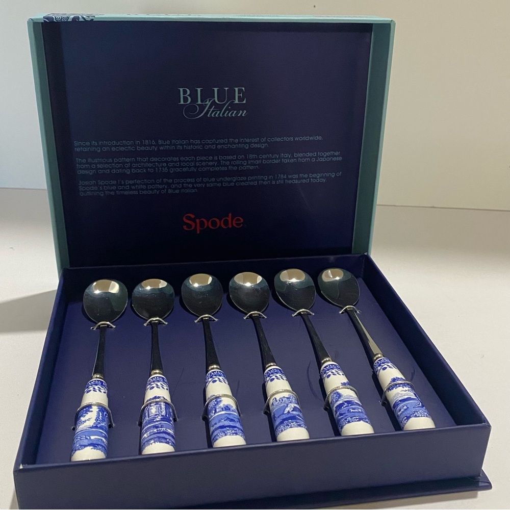 Spode Blue Italian Teaspoon Set of 6 Boxed Porcelain Handle Stainless Steel Gift